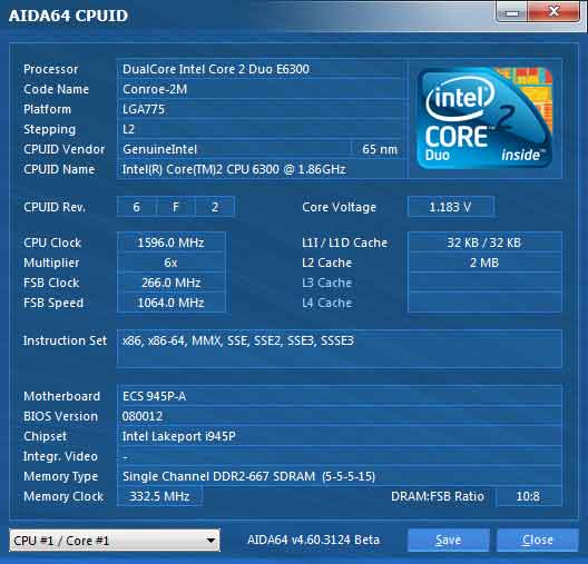 Intel Core 2 Duo E6300 Conroe   AIDA64 CPUID