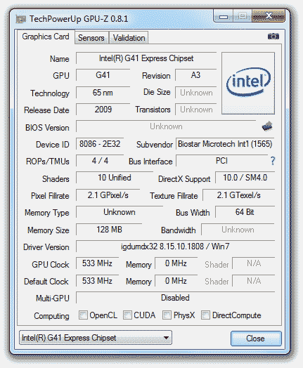 Intel GMA X4500    Biostar G41D3C Ver:7.0