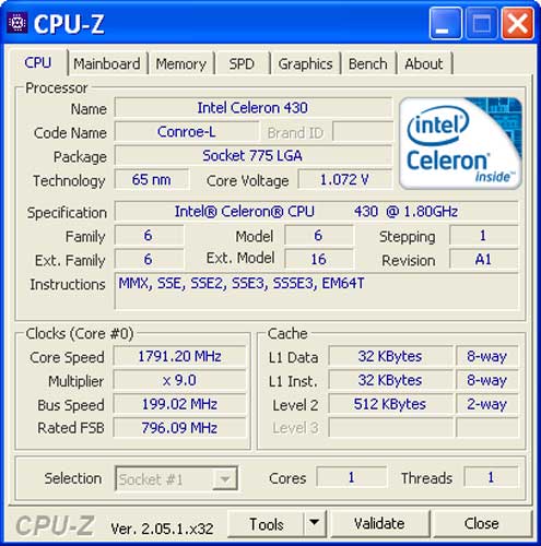 Celeron 430 программа CPU-Z говорит о процессоре так 1,8 ГГц сокет 775 LGA
