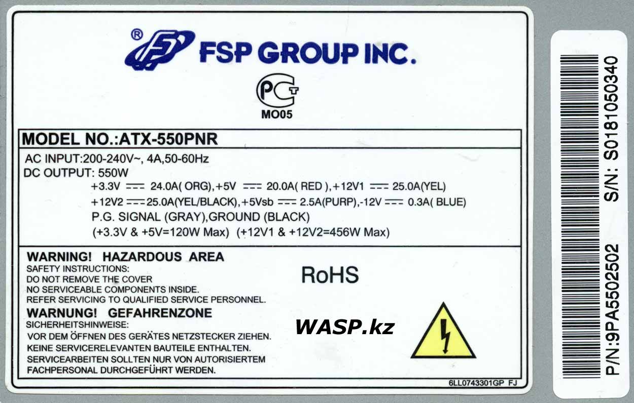 характеристики FSP ATX-550PNR этикетка и все выходные напряжения