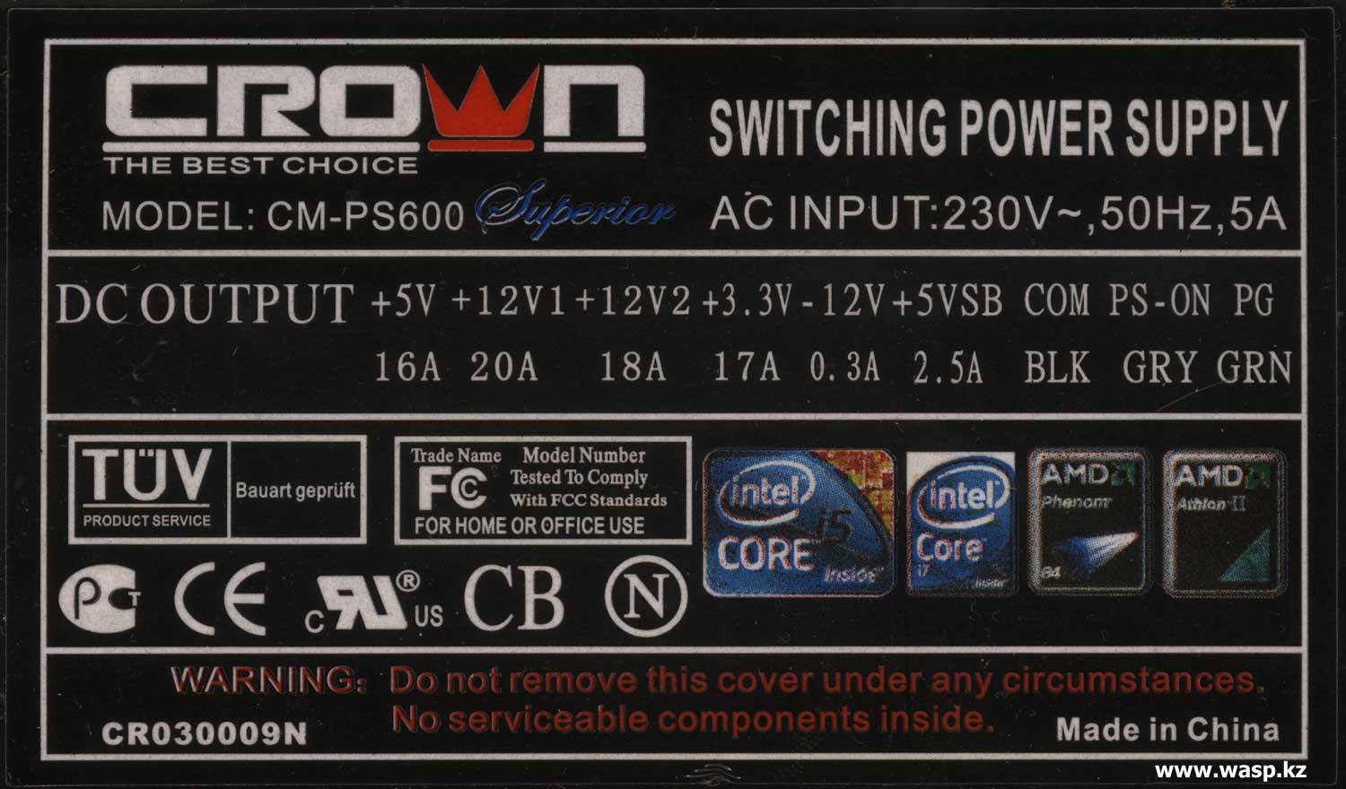 Crown CM-PS600 Superior этикетка блока питания CR030009N