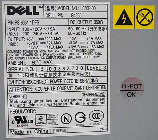 Dell L350P-00   PS-6351-1DFS   G4265  E132068