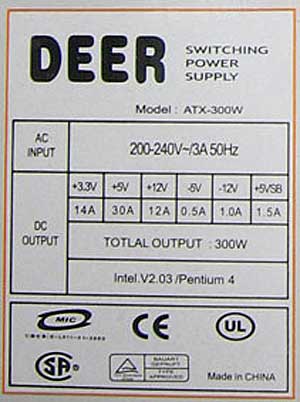 Deer этикетка блока питания ATX-300W начала 2000-х годов