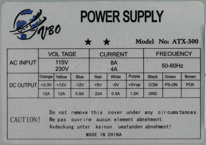 VBO Power Supply ATX-300 этикетка на блоке питания