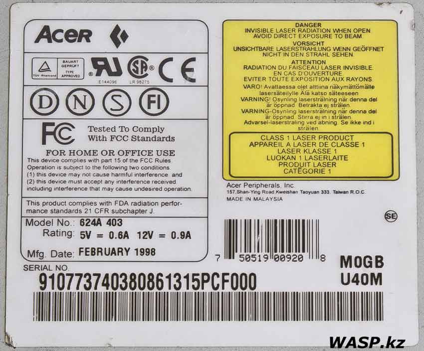 Acer 624A 403 CD-ROM этикетка оптического привода