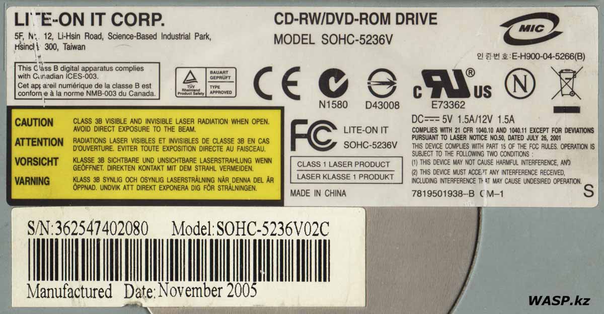 LITE-ON SOHC-5236V этикетка CD-RW DVD-ROM IDE привода