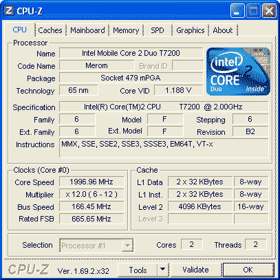 CPU-Z данные на процессор Core 2 Duo T7200