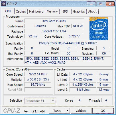 Core i5 4440 данные программы CPU-Z на процессор