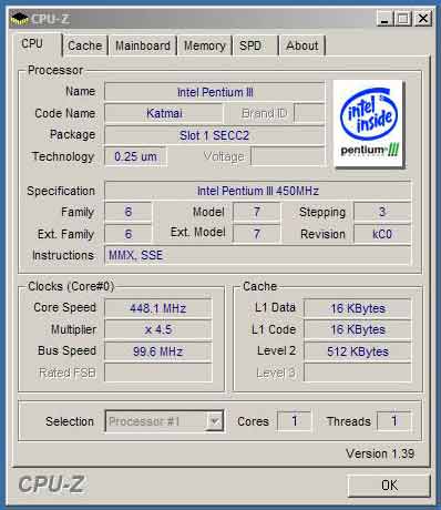 Intel Pentium III Katmai 450 МГц данные CPU-Z