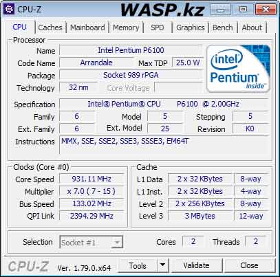 Intel Pentium P6100 данные CPU-Z, мобильный процессор