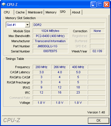 SPD памяти Transcend 1G DDR2 800 DIMM CL5