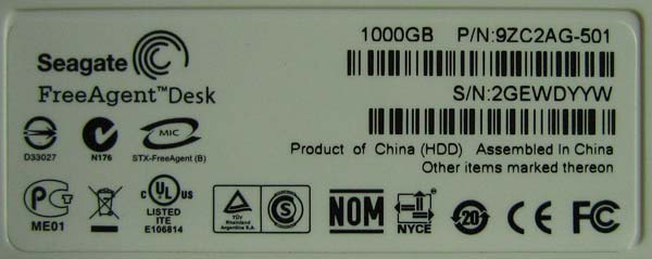 ST31000528AS этикетка на USB HDD FreeAgent Desk