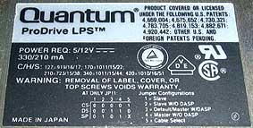 Quantum ProDrive LPS этикетка HDD жесткий диск