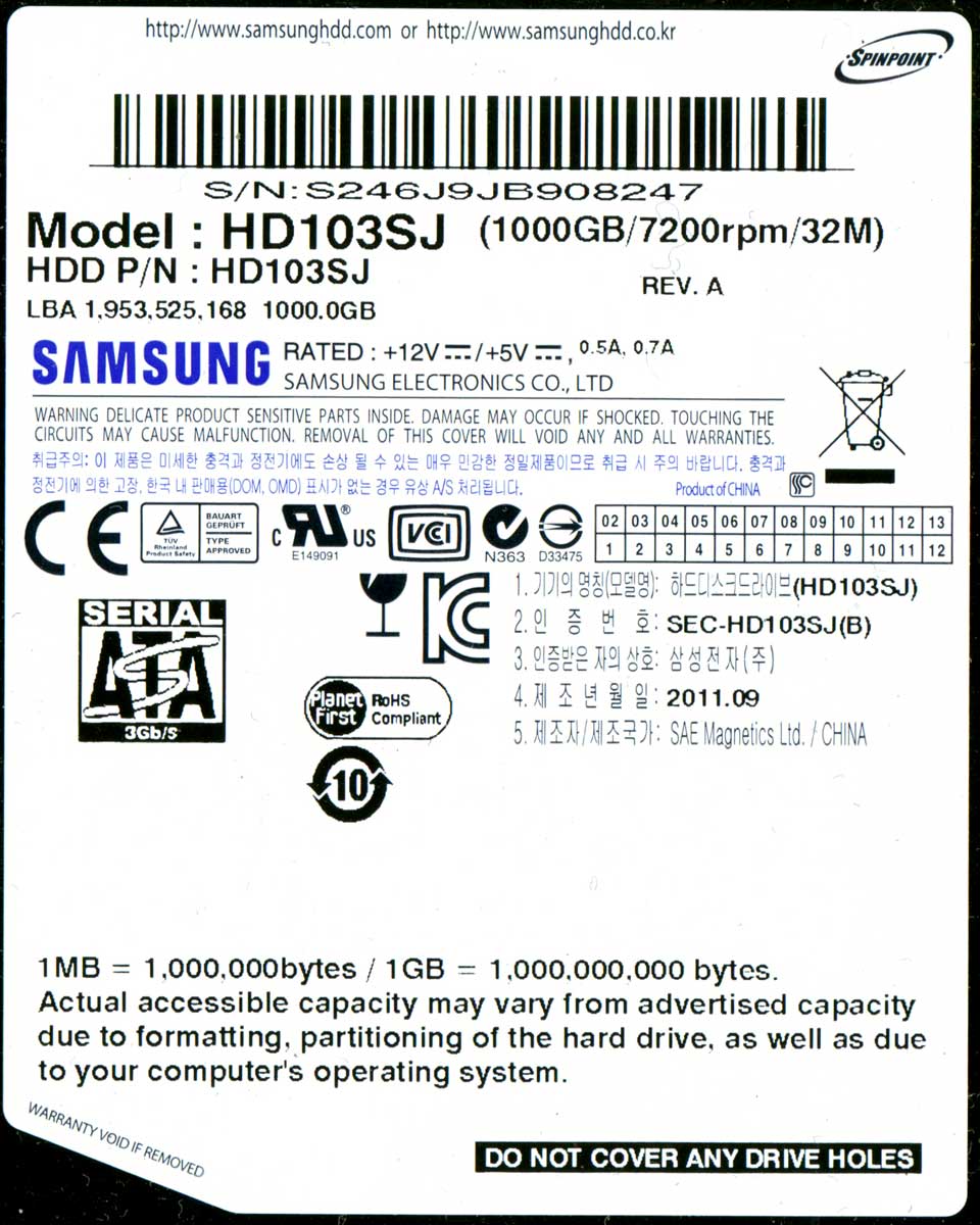 Samsung HD103SJ rev. A этикетка жесткого диска
