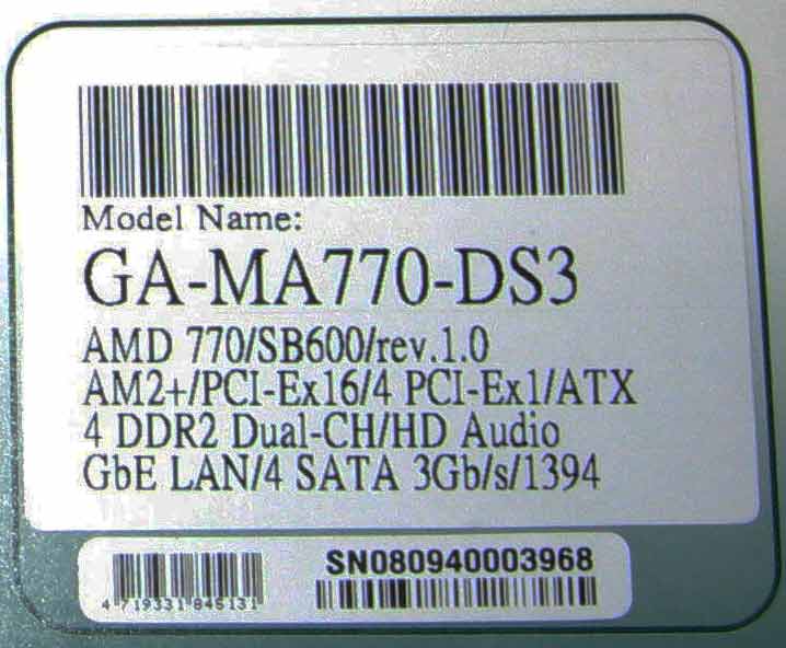 этикетка на GigaByte GA-MA770-DS3