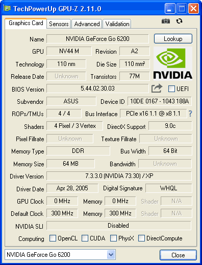 NVIDIA GeForce Go 6200 нанные в GPU-Z