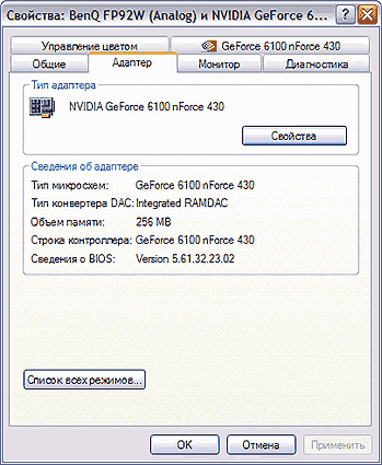 Свойства видеокарты GeForce 6100 nFoce 430 MSI K9N6PGM-FI