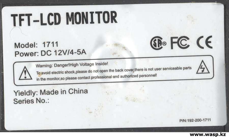TFT-LCD Monitor, Model 1711 P/N:192-200-1711