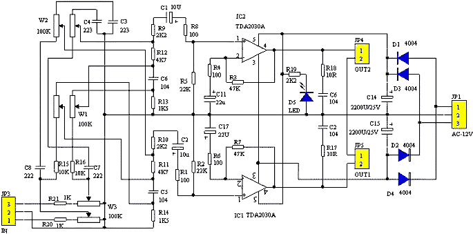 схема усилителя мощности AV-2000 на TDA2030A