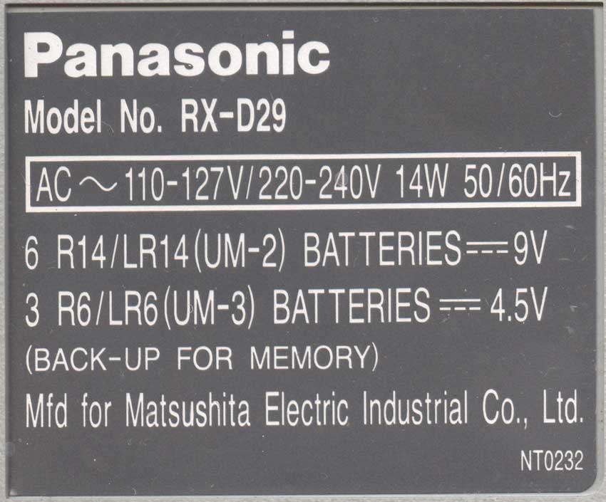 Panasonic модель RX-D29 NT0232 этикетка