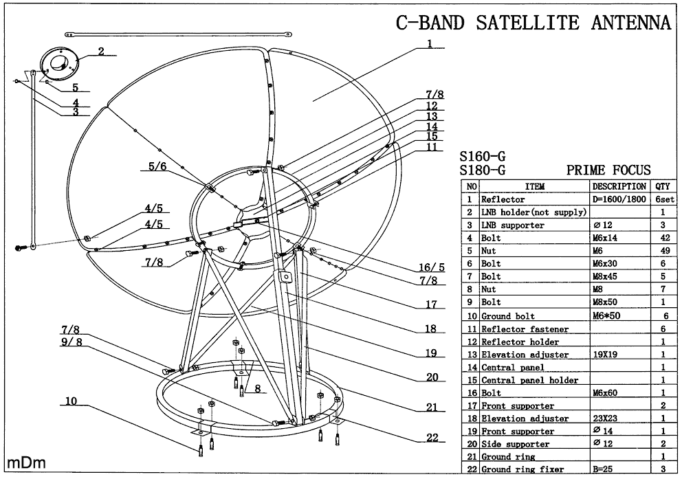 Чертеж спутниковой антенны (тарелки) - C-band satellite antenna - S160-G, S180-G