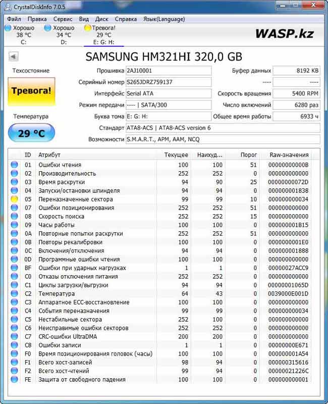 Samsung HM321HI 320 Гб плохой S.M.A.R.T.