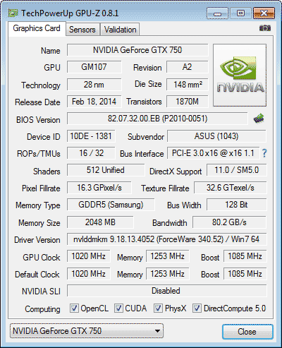 ASUS GTX750-DCSL-2GD5 данные программы GPU-Z