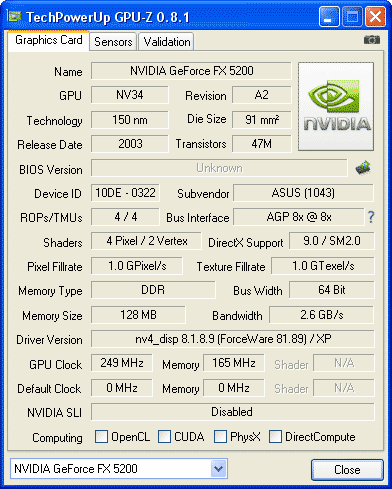 ASUS V9520 Magic/T данные программы GPU-Z