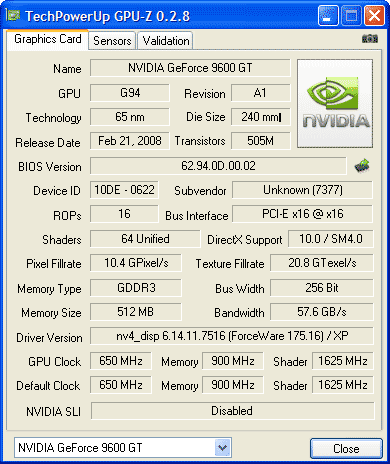 Colorful GeForce 9600GT данные GPU-Z