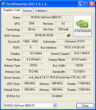 Данные GPU-Z 0.1.6 Colorful GeForce 8600GT