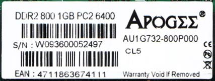 AU1G732-800P000 CL5 этикетка на памяти Apogee