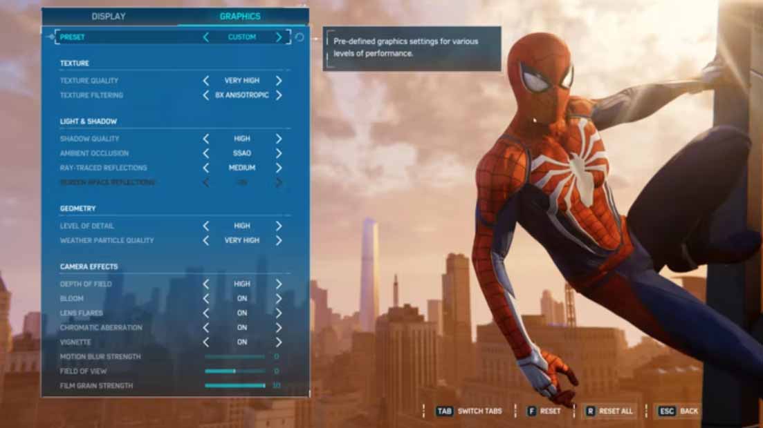 Marvel's Spider-Man Remastered настройка графики в игре для ПК