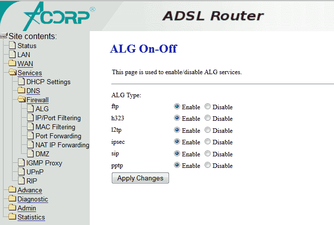 Services - Firewall - ALG On-Off