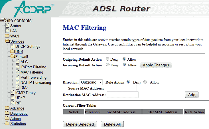 Services - Firewall - MAC Filtering