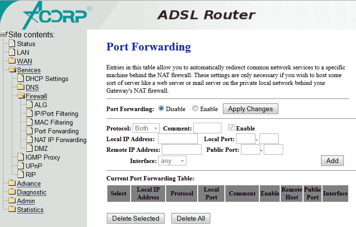 Services - Firewall - Port Forwarding