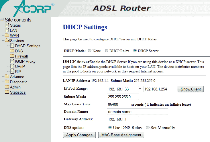 Services - DHCP Settings  