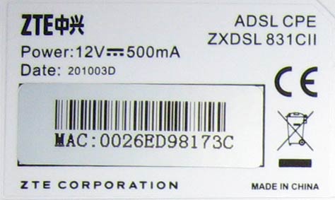 MAC адрес ZXDSL 831CII