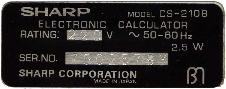 CS-2108 Sharp этикетка калькулятора